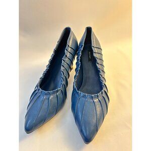 Masseys Bella Heels in Blue w Pleated Detailing, Wooden Heel Shoe